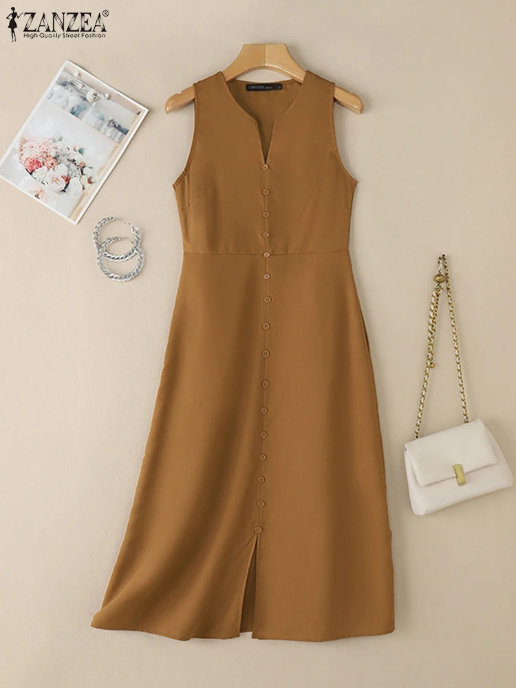ZANZEA Stylowa Letnia Sukienka na Lato 2025 Damska Elegancka Sukienka do Pracy Jednolita Dekolt V Bez Rękawów Sukienka Midi na Wakacje Vestidos Robe Femme