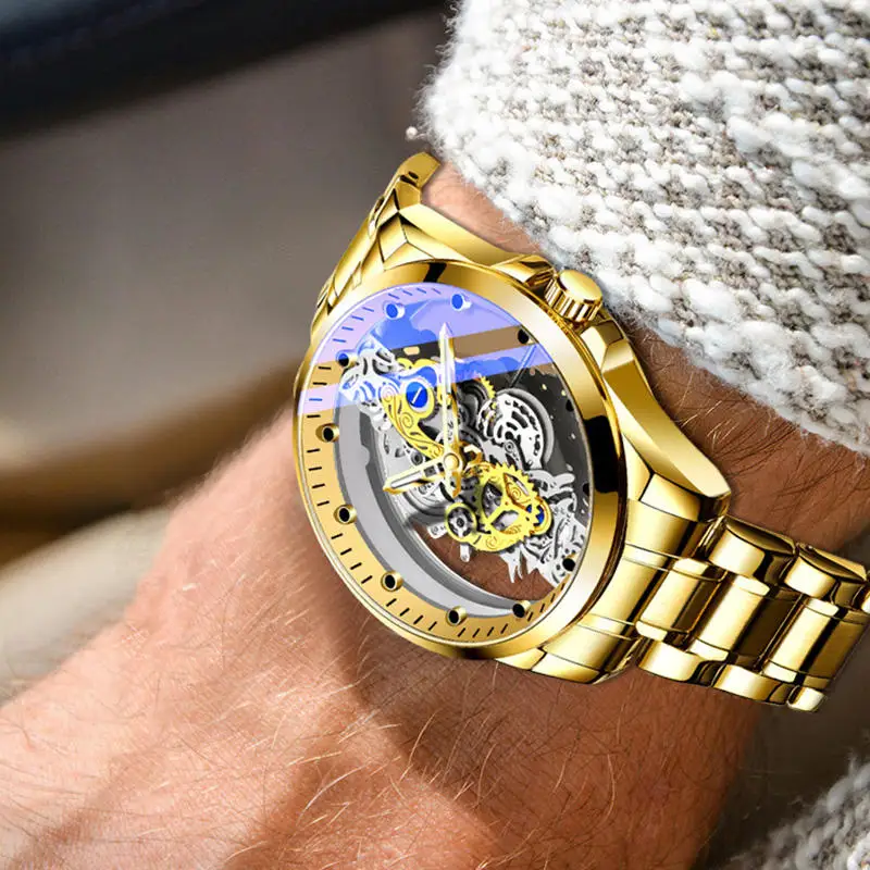 Heiße trendige Mode Großhandel Männer goldene Skelett automatische Quarz-Armbanduhren Luxus