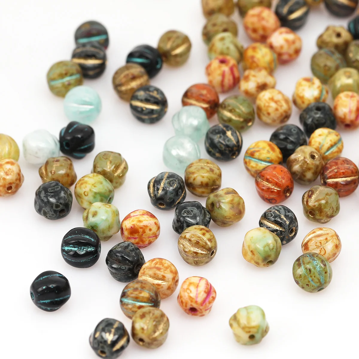 About 12/28pcs Random Color 6mm Marbling Glass Pumpkin, Mini Glass Round Beads, For DIY Jewelry Making Supplies, Sewing Supplies