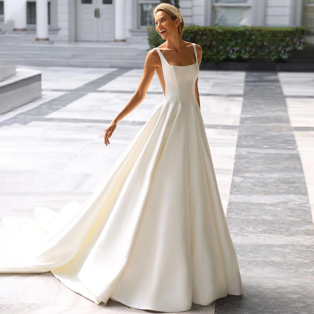 Simple Wedding Dress For Bride A Line Square Collar Illusion  Gowns Ivory Satin Sleeveless  Bridal Dresses Long