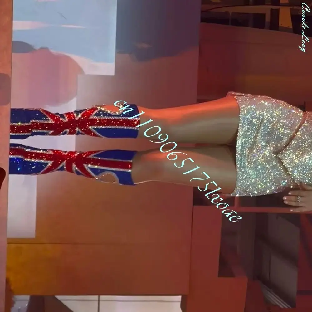 Sparkly Rhinestone Mid Calf Boots Women Block Heel Platform Heart Cut‑Out Flag Pattern Cosplay Stage Show Performance Boots