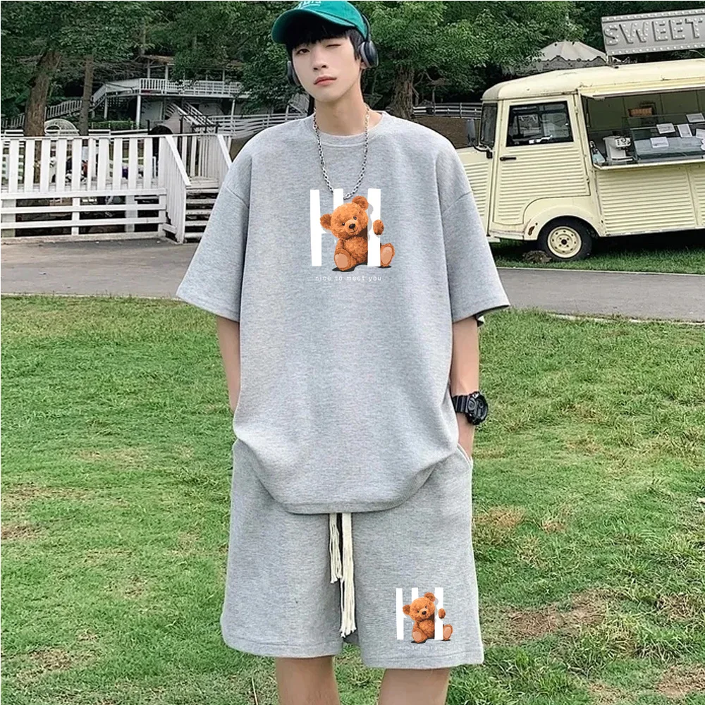 Summer Korean Casual Sportsuit Hoodies Waffle Men Set Loose short sleeve shorts pant 2 Piece Set Fashion Print Outfits Tracksuit