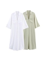 2025 Women Summer Shirts Dress Vintage Solid Linen V-Neck 3/4 Sleeve Loose Female Elegant Street MIDI Dresses Clothing