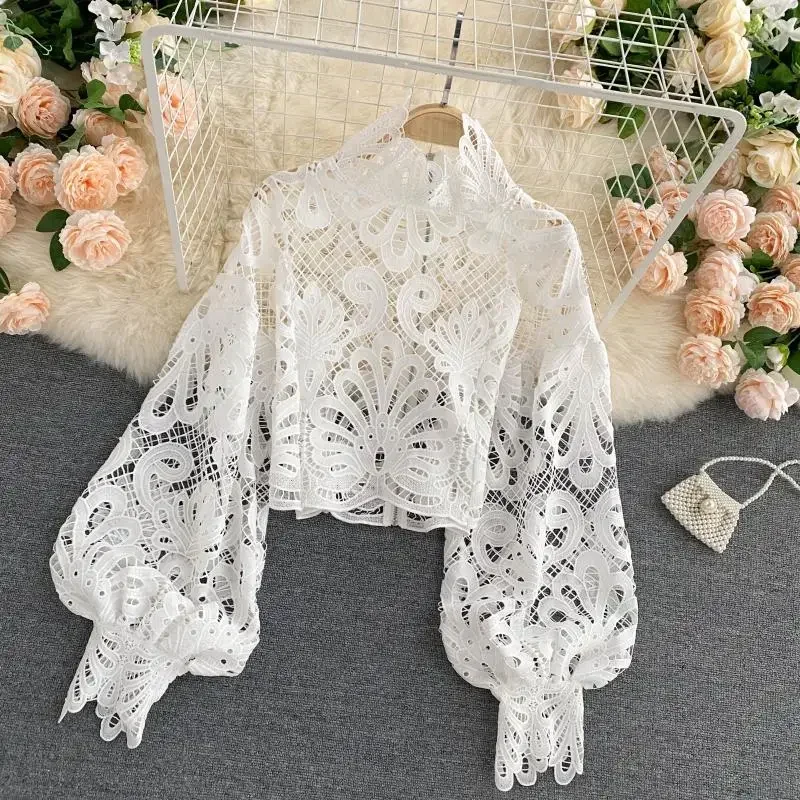 Lace Hollow Out Short Blouse Casual Lantern Long Sleeve Stand Collar Shirts Female Elegant Red/Pink/White Tops