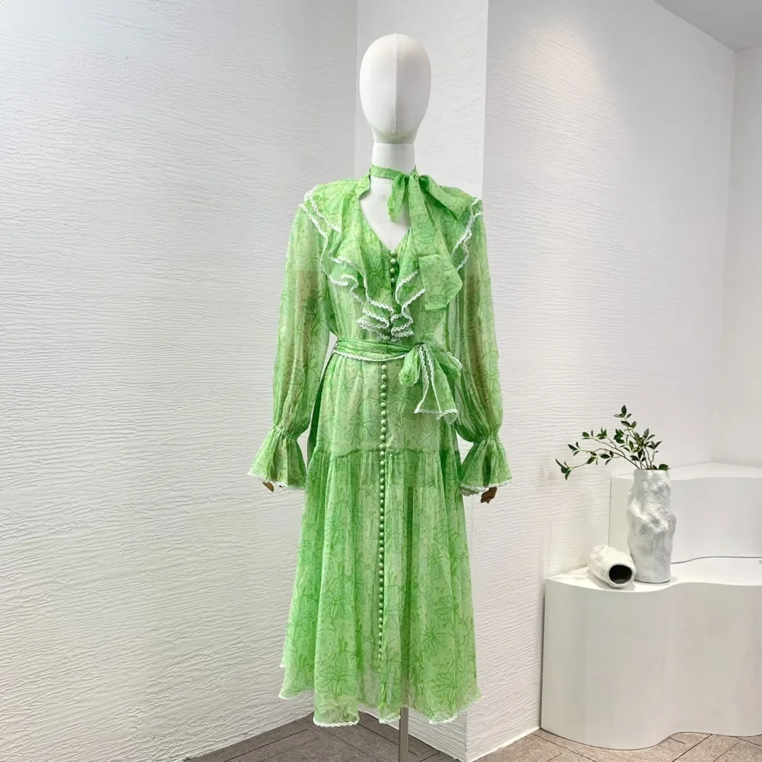 

New Collection Light Green Front Buttons Closure Flouncing Ruffle Long Sleeve Floral Print Belt Silk Midi Dress for Women