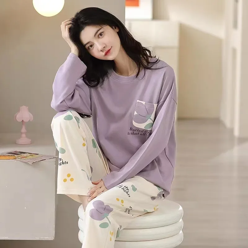 new-women's-spring-and-autumn-fashion-cartoon-casual-pajamas-thin-winter-homewear-plus-size-simple-and-loose-teenage-pajama-se