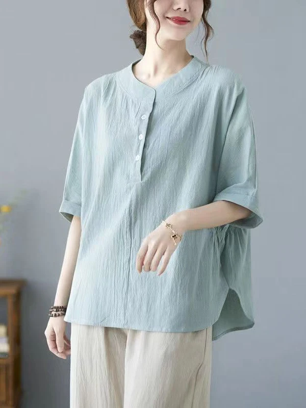 

Летний модный комплект из хлопка и льна с коротким рукавом для женщин среднего возраста: удобный, дышащий топ с круглым вырезом и...