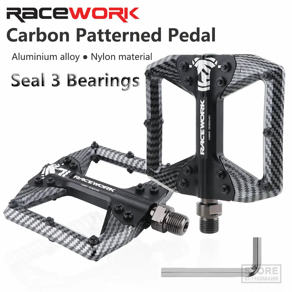 

RACEWORK Bicycle Pedals 3 Bearings Mountain Road Bike Carbon Fiber Coating Ultralight Flat MTB Aluminum Alloy Nylon