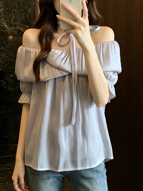 

Chic Summer Shirt for plus Size Women Korean Style off Shoulder Necktie Breathable Loose Fit Short Sleeve Casual Top