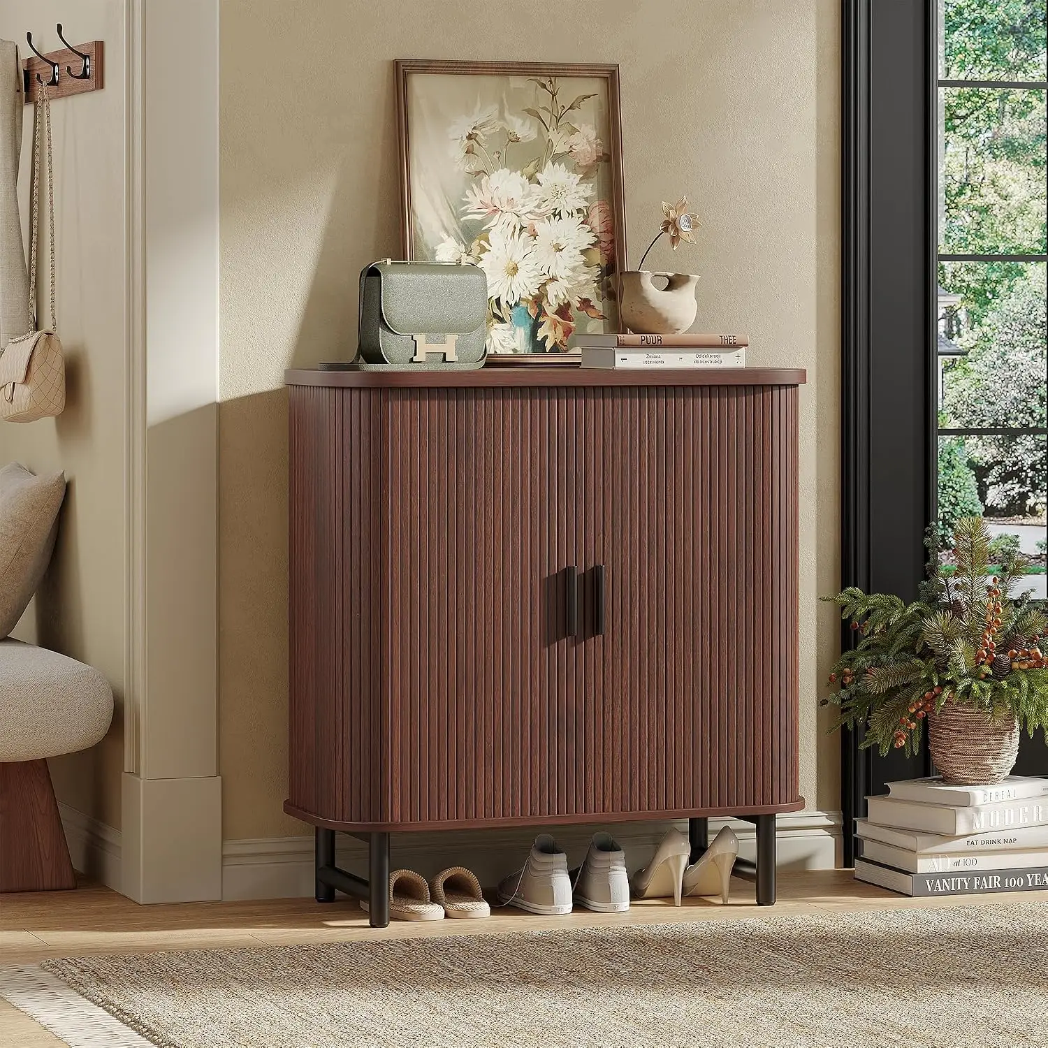 4-Tier Shoe Cabinet Fluted Sliding Door Entryway Narrow Hidden Rack Metal Handle Leg Walnut, Customized