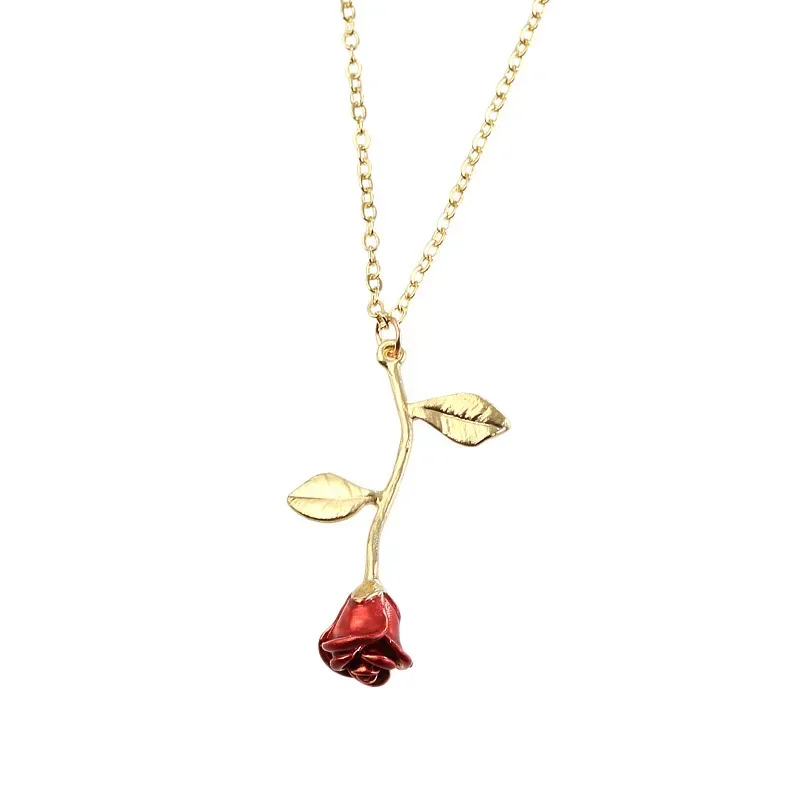 European and American Fashion Personality Temperament Red Rose Pendant Necklace Women\'s Simple and Creative Oil Drop Necklace