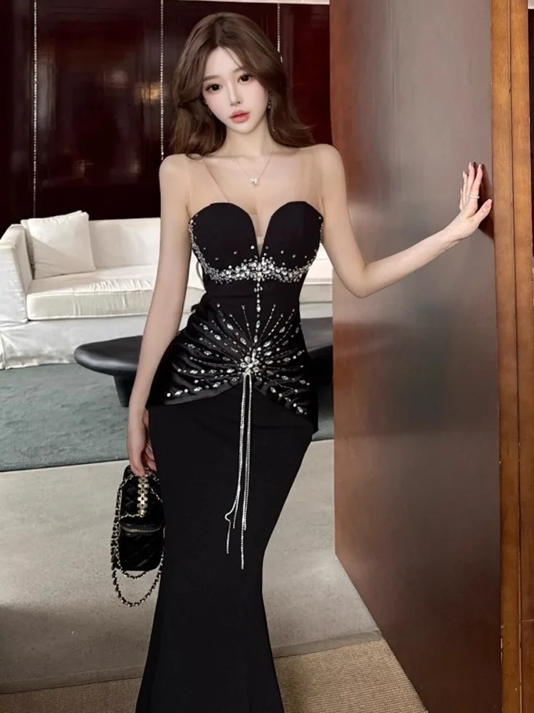 

Mesh Splice Heavy Work Dress Sexy Hepburn Slimming Fish Tail Gown Long Evening Gown European Style High Waist Gathe...