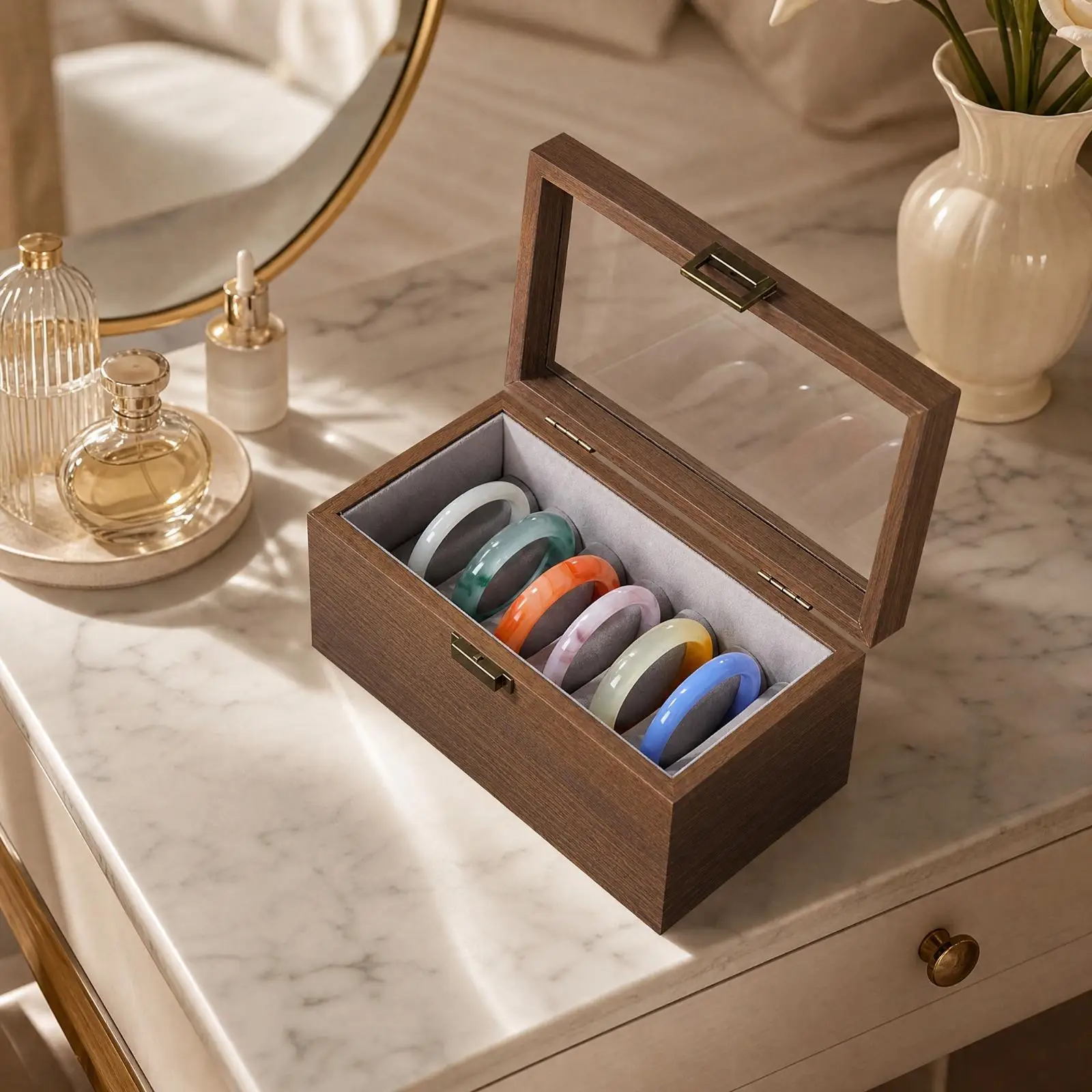 Bracelet Display Case Wooden Jewelry Box Organizer for Vanity Table Necklace and Ring Storage