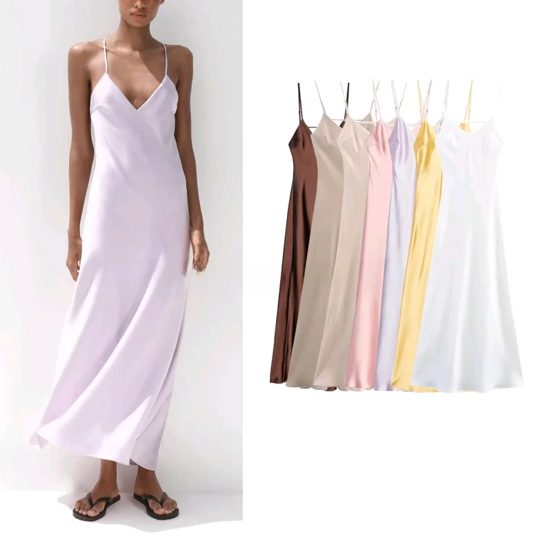 Estate delle nuove donne V-ne Svel Raso di seta Sensazione Midi Lungo Dr Beach Holiday Sle Vita alta Colore puro Abbigliamento casual