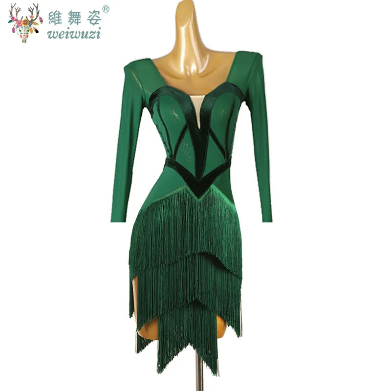 

Платье для латиноамериканских танцев для женщин: с бахромой, для выступлений, танго, румбы, вечеринок, с длинным рукавом, для бальных танцев, сценический костюм