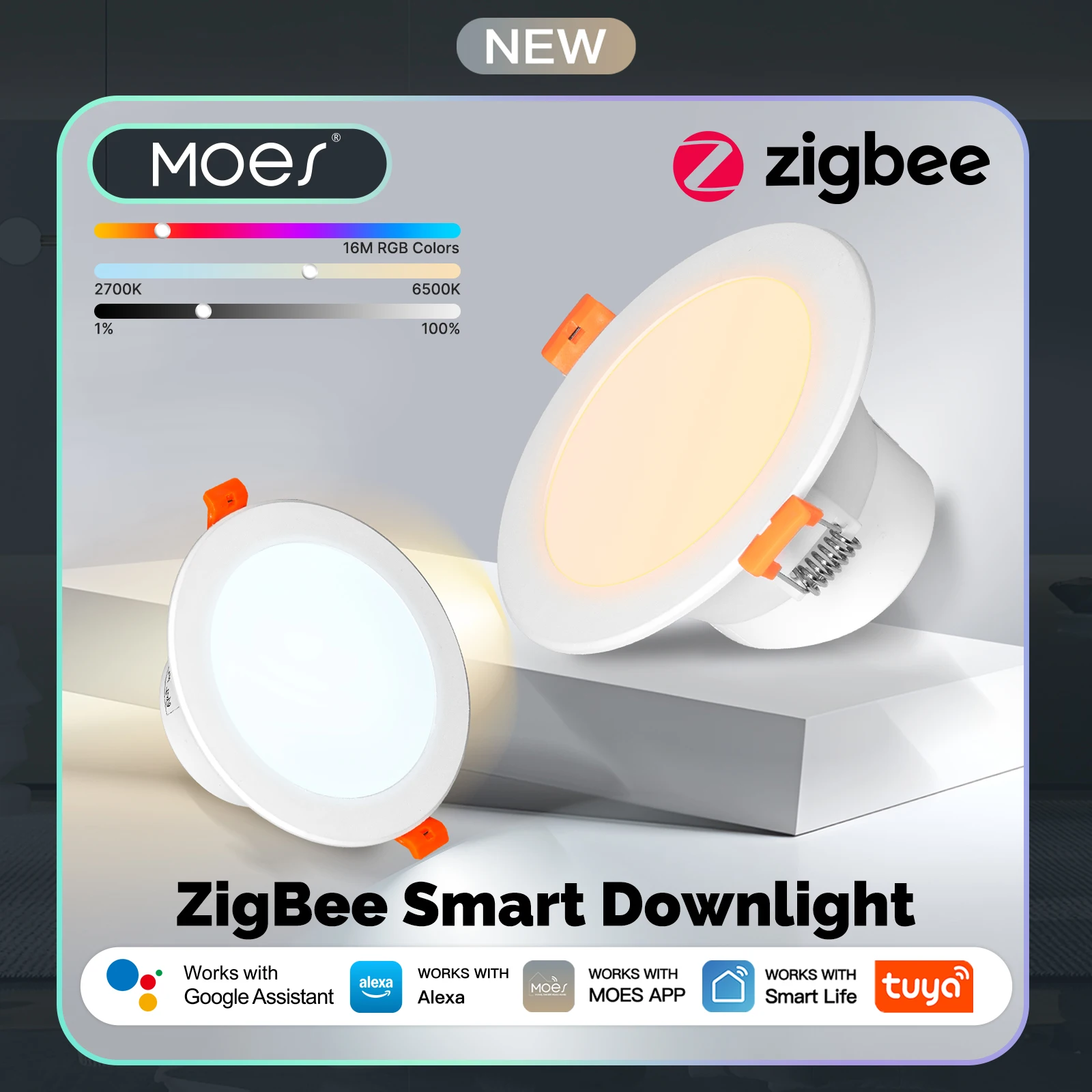 

MOES Tuya ZigBee Умный светодиодный потолочный светильник Круглые прожекторы 9 Вт/12 Вт RGB Цветная лампа с затемнением работает с Alexa Google Home