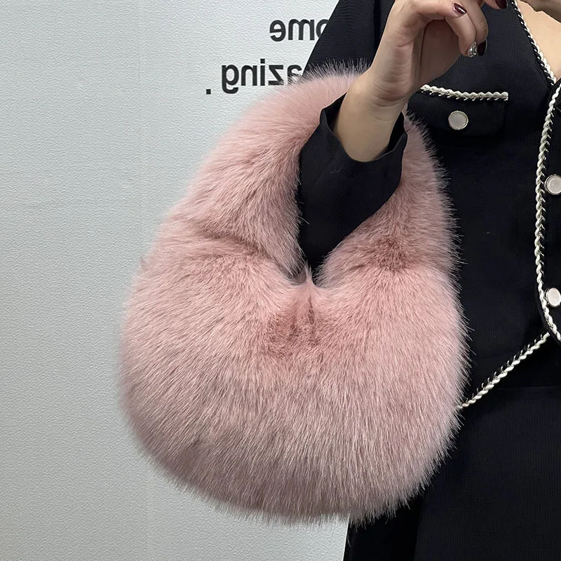 Fashion Soft Plush Half Moon Bags for Women Designer Fluffy Faux Fur Lady Handbags Luxury Small Tote Female Winter Purses 2023