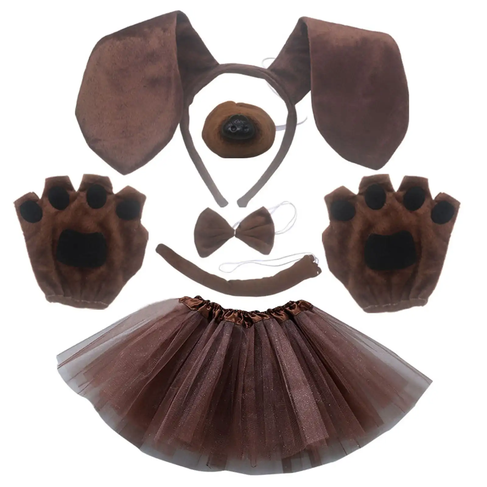 PESENAR 6 Pieces Set Dachshund Dog Ears Headband Bow Tie Tail Skirt Gloves Costume Party