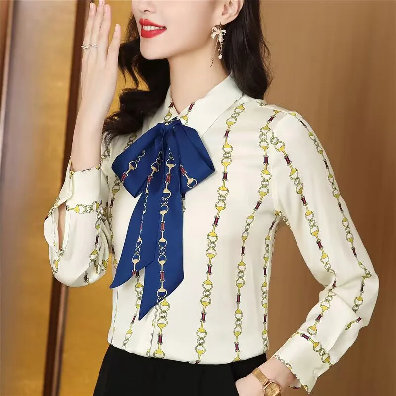 Women Clothing Elegant Commuting Shirts Office Lady Long Sleeved Loose Blouses Bow Striped Tops