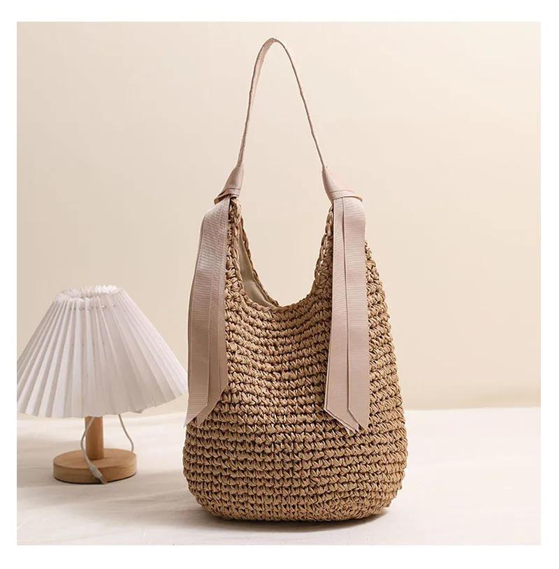 

New 2026 Solid Color Straw Bag Summer Bohemian Style Beach Vacation Single Shoulder Basket Weave Handbag for Women