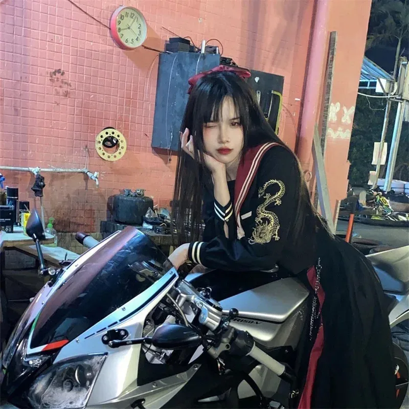 ss23 التنين وزهر الكرز سيئة فتاة Jk موحدة التطريز أصيلة الظلام الأسود بحار دعوى مجموعة Harujuku القوطي لوليتا فستان