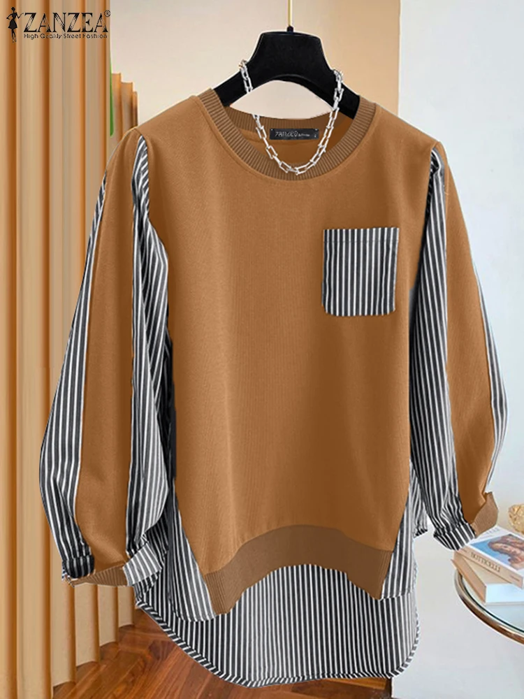 ZANZEA otoño estilo coreano sudaderas con capucha alto-bajo suelto Casual manga larga cuello redondo pulóver Tops rayas Patchwork mujeres sudaderas