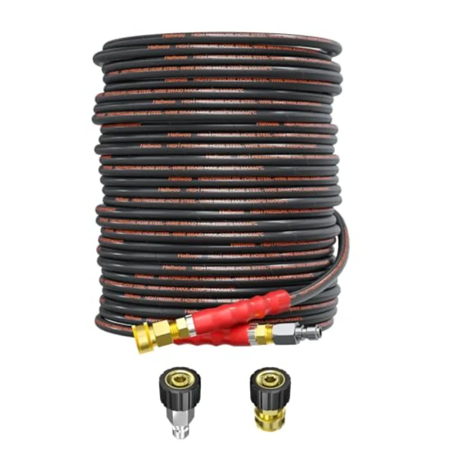 

Шланг для мойки высокого давления 100 футов, 1/4 дюйма, для холодной и горячей воды, до 140°F ℉ Промышленный армированный стальной шланг Q-типа с защитой от перегибов, 4200 фунтов на кв. дюйм