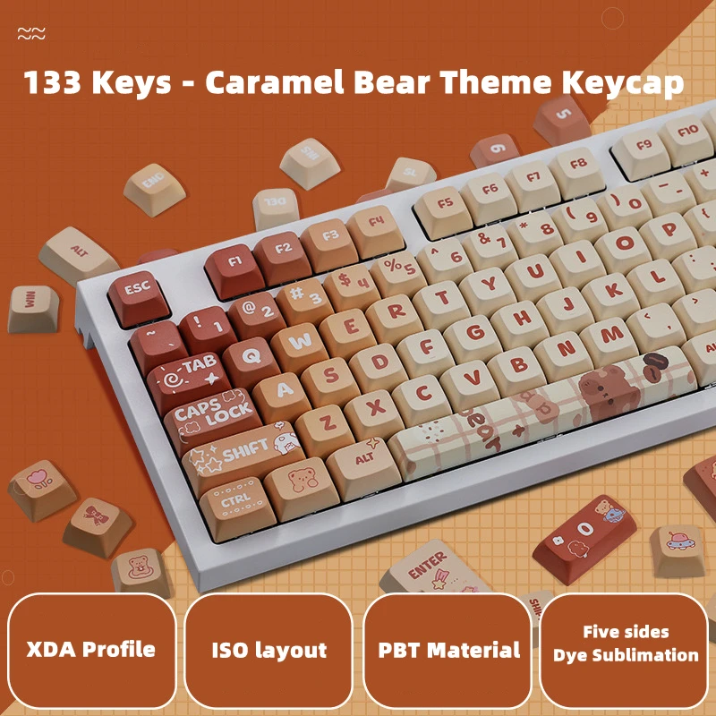 Capuchons de touches XDA pour clavier mécanique de jeu ISO, VGN99, VGN75, PBT, sublimation de colorant, marron mignon, capuchons de touches personnalisés, bricolage, 133 prédire