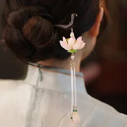 Vintage New Lotus Hair Stick Natural Wooden Chopsticks Imitation Pearl Beaded Long Tassel Women Hairpins Jewelry Accessory