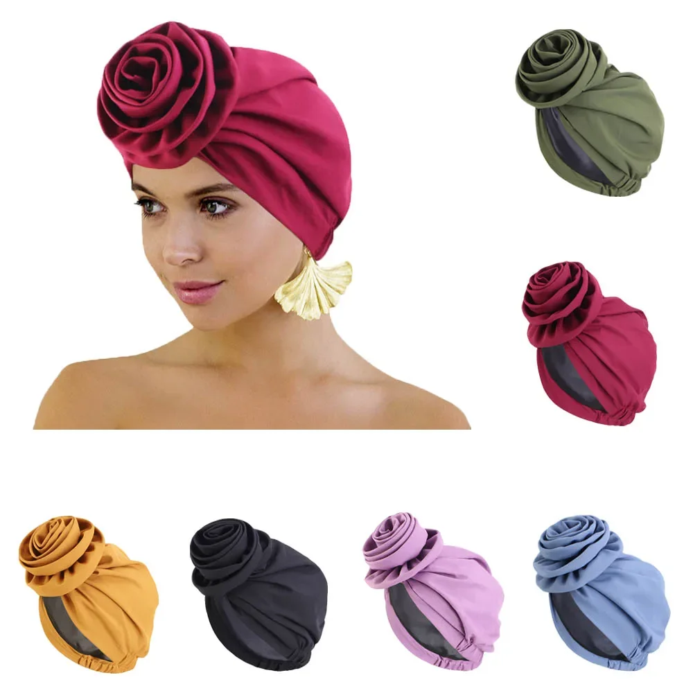 African Women Bonnet Hat Muslim Inner Hijab Big Flower Turban Ankara Print Headscarf Chemo Cap Beanies Hair Loss Head Wrap Scarf