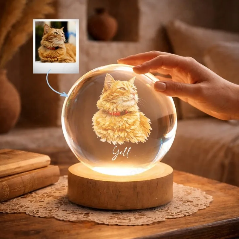 Personalized Pet Photo Crystal Ball Night Light USB Supply DIY Wording Souvenir Gift for Cat Lovers Family Remembrance