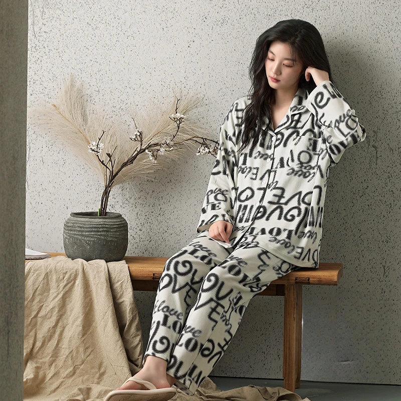 Spring Autumn New Style Comes with Chest Cushion Pajamas Women's Pure Cotton Large Size Girl Feel Home Clothes Set