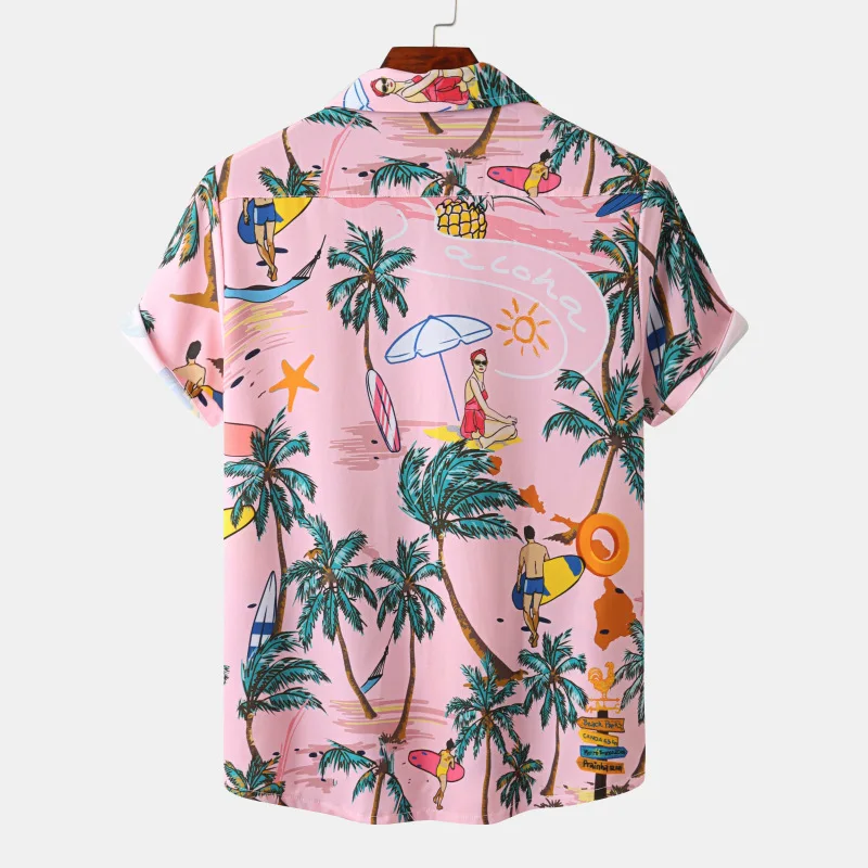 Camisas de festa de praia de verão cor-de-rosa dos homens casual manga curta botão para baixo havaiano floral camisa