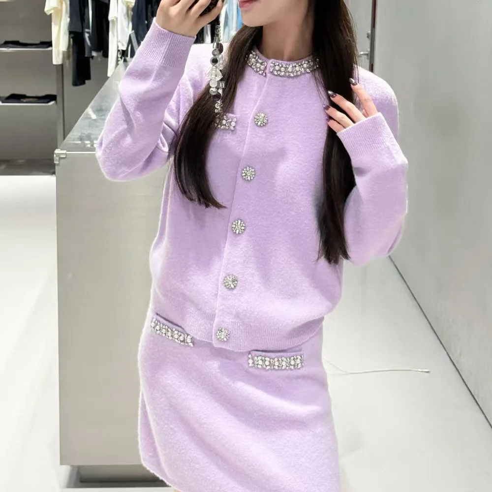 

Облегающий вязаный свитер и юбка Ele фиолетового цвета, комплект из двух предметов с бусинами для женщин, осенне-зимняя мода