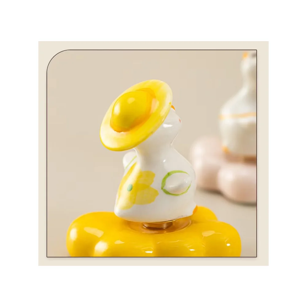 Mini Rotating Ceramic Duck with Yellow Hat Ornament, Light Touch 360 Degree Spin Duck Statue, Home Bedroom Office Table Decor, C