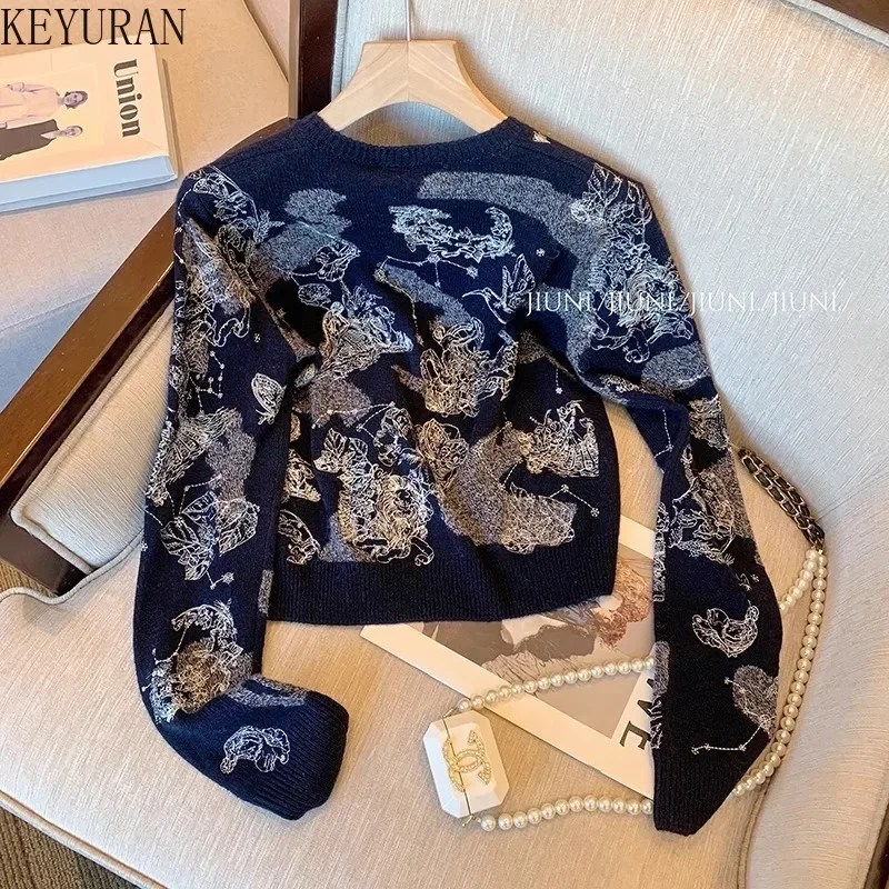 Vintage Embroidery Knitted Cardigan Sweater Women 2023 New Autumn O-Neck Long Sleeve Single Breasted Knitwear Tops Mujer Jumper