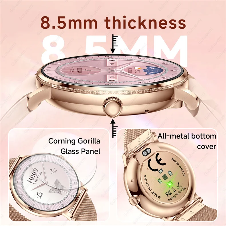 Neue 1,19" Ultra-Dünne Damen Smartwatch in Rosa mit Bluetooth-Anruffunktion, Anpassbaren Zifferblättern, Herzfrequenz- und Schlafüberwachung, Sportfunktionen und Uhrwerk – Detail 5