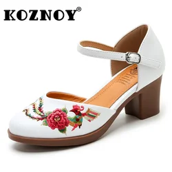 Koznoy 6Cm Chunky Heel Luxury Women Pumps Genuine Leather Ladies Fashion Moccasins Party Buckle Embroidery Ethnic Summer Shoes