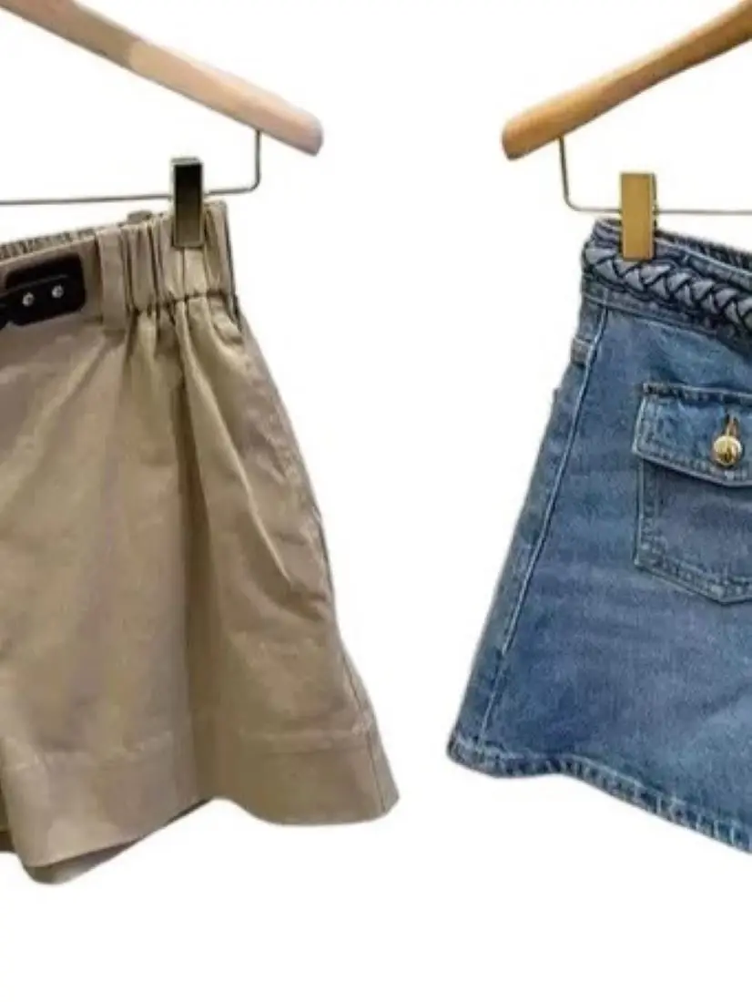 

Spring/Summer Women Hign Waist Pocket Solid Loose Set Braided Denim Shorts + Elastic Waist Elegant Fashion Shorts