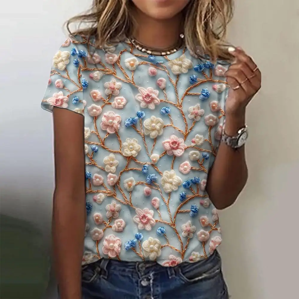 2024 Letnie nowe koszulki damskie 3D Flower Print Moda Krótki rękaw T shirt Casual Loose Tops Trend Odzież damska Streetwear