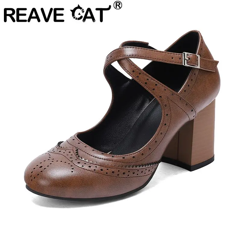 

REAVE CAT Green Women Pumps Round Toe 7.5cm Block Heel Buckle Strap Large Size 48 49 50 Leisure Daily Office Lady Shoes Footwear