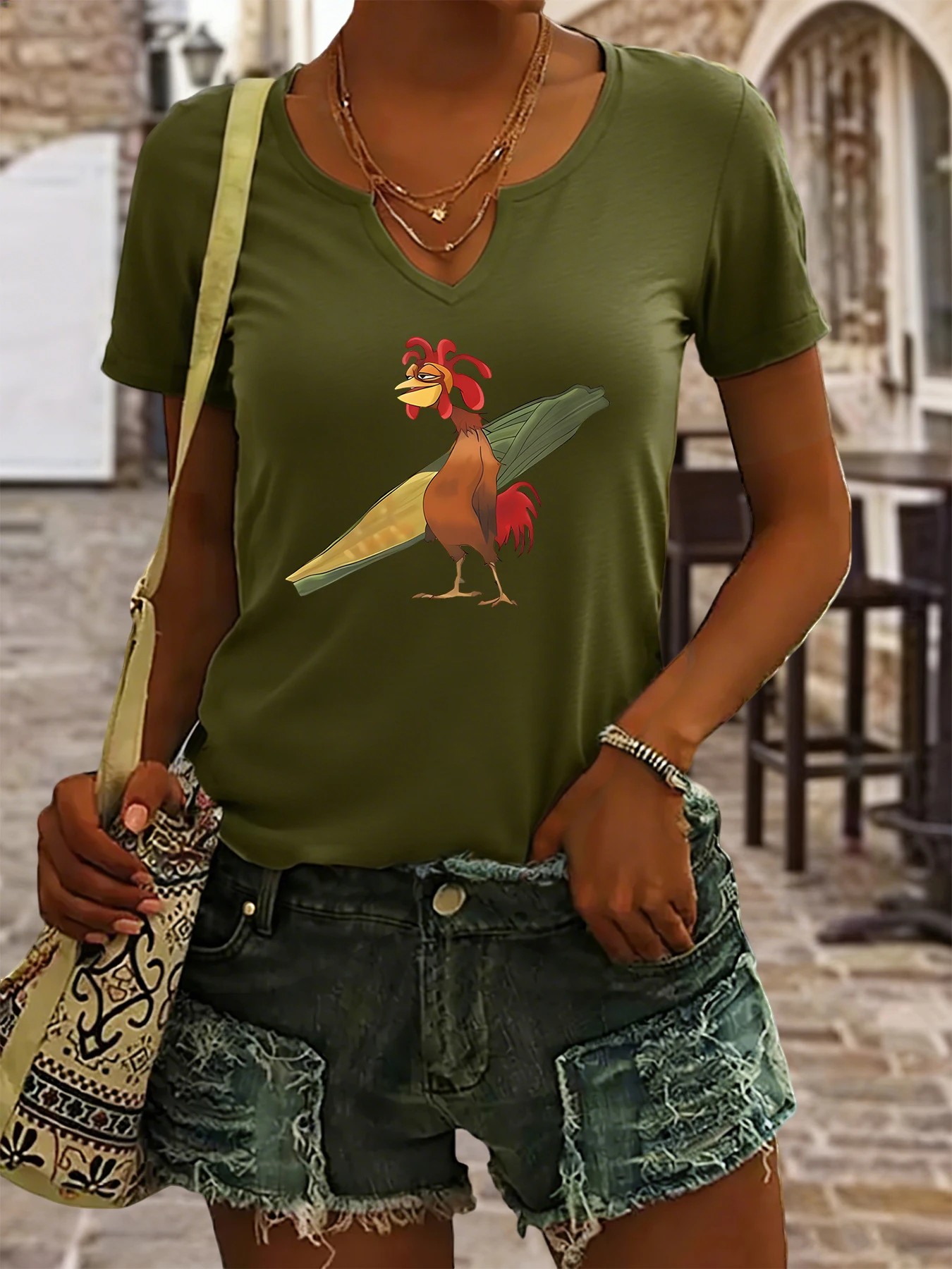 Women's Summer V-Neck Short Sleeve T-Shirt, Funny Rooster with Tamale Print, Cute Mexican Food Casual Fashion Top
