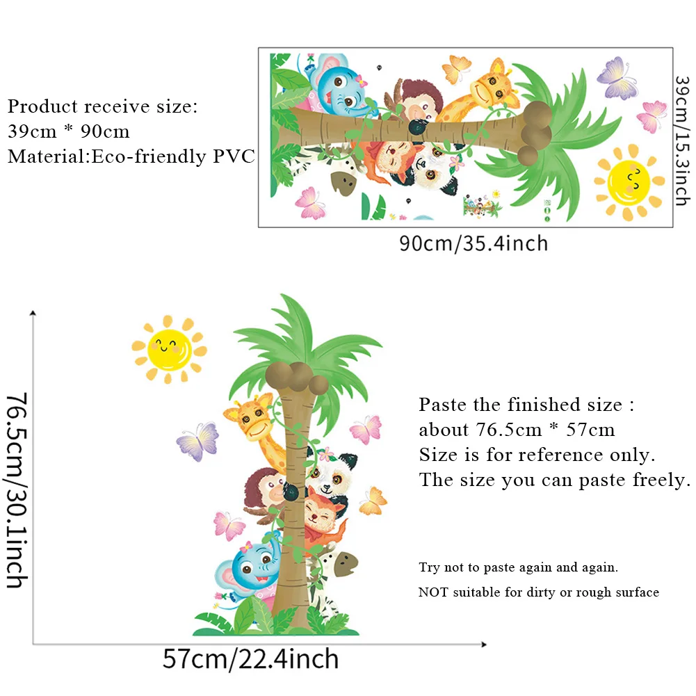 Cartoon Animals Coconut Tree Wall Sticker For Kids Room Decor Cute Mural Baby Bedroom Background
