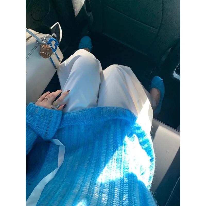 Полый вязаный свитер с длинными рукавами в корейском стиле для женщин, новый свободный синий летний солнцезащитный стиль, тонкий топ с длинными рукавами