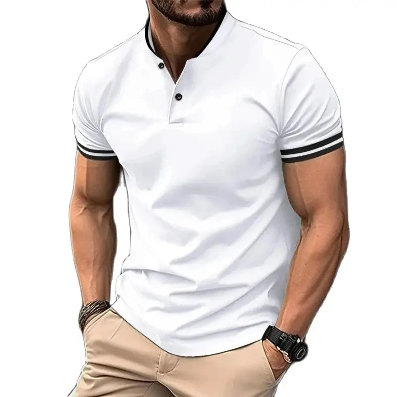 

Men's Summer Fashion Classic Solid Color Threaded Stand Up Collar Polo Shirt Button Men's Casual Versatile Sports Polo Shirt