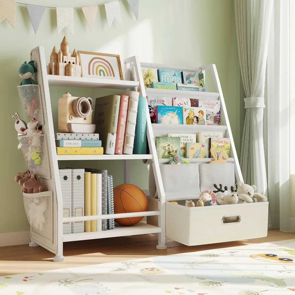 

Kids Bookshelf and Toy Storage Organizer: White Book Shelf for Kids Room with Drawer to Storage Books and Toys Organizer - 3 Tir
