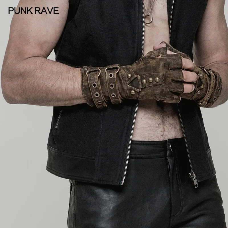 PUNK RAVR Steampunk hombres remaches guantes sin dedos inelástico PU estilo militar motocicleta un par militar gótico Dieselpunk guante