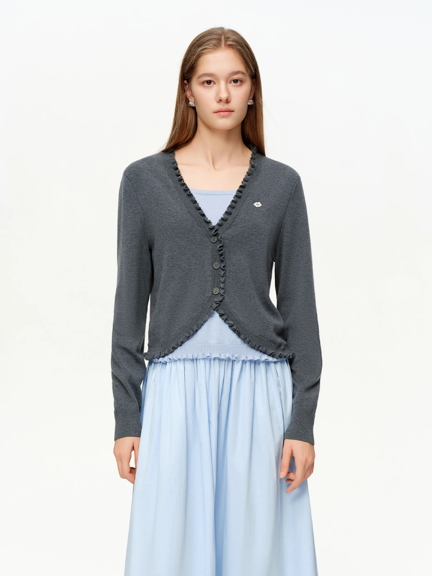 DUSHU 2026 Spring Women's False Two Piece Cardigan Lace Trim Ruffle Collar Short Knit Jacket Y2K Cropped Button Up Top Sweater