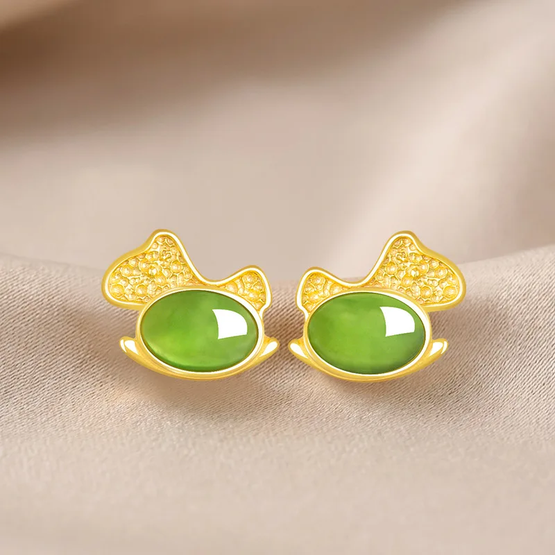 Natural Old Material Hotan Jade Rocking Horse Earrings Women, S925 Silver Inlaid With Jadeite