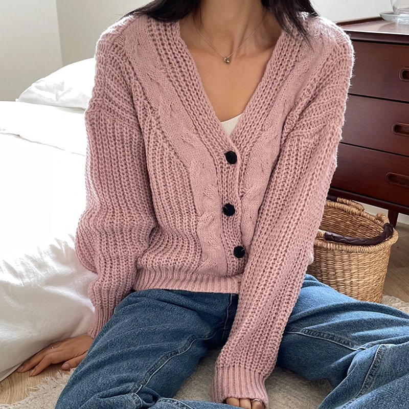 

Шикарный осенне-зимний вязаный свитер, пальто, женский повседневный универсальный кардиган с v-образным вырезом, теплый, однотонный, для поездок на работу